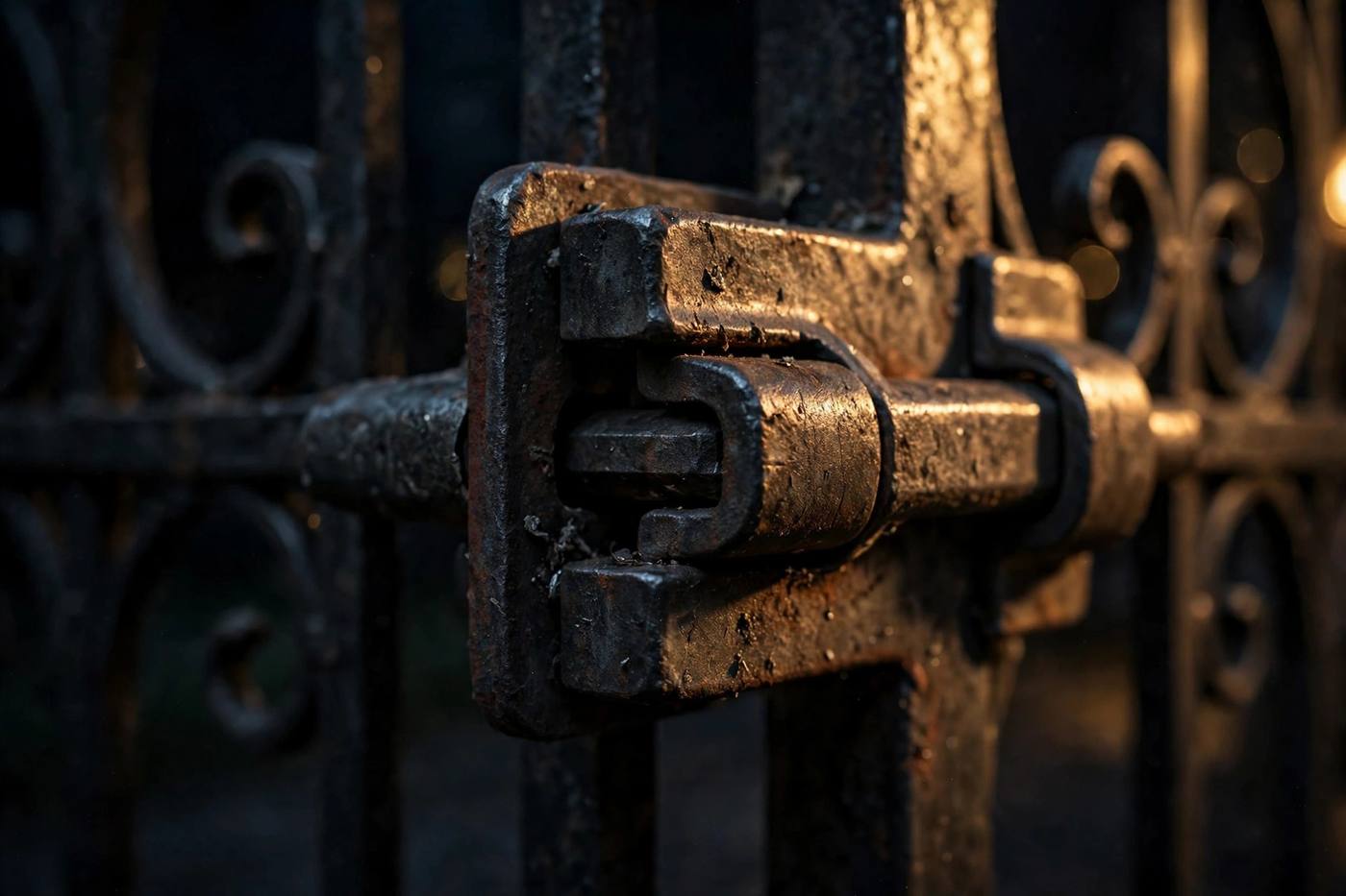 Close-up of a heavy gate slide-bolt latch on dark iron, lit by lamplight